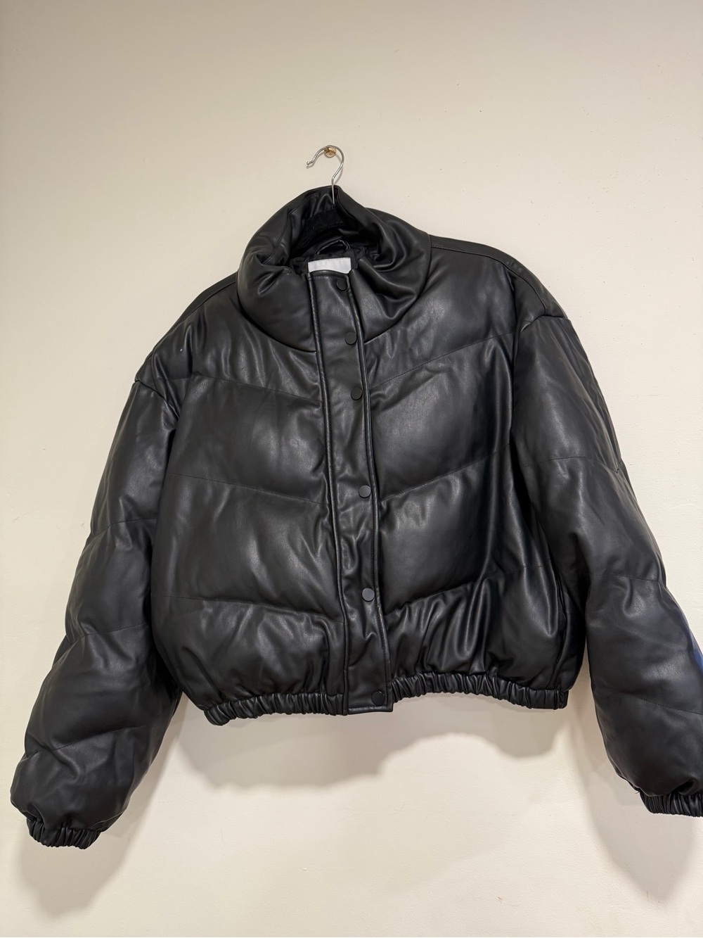 Celebrity Pink Black Faux Leather Puffer Jacket
